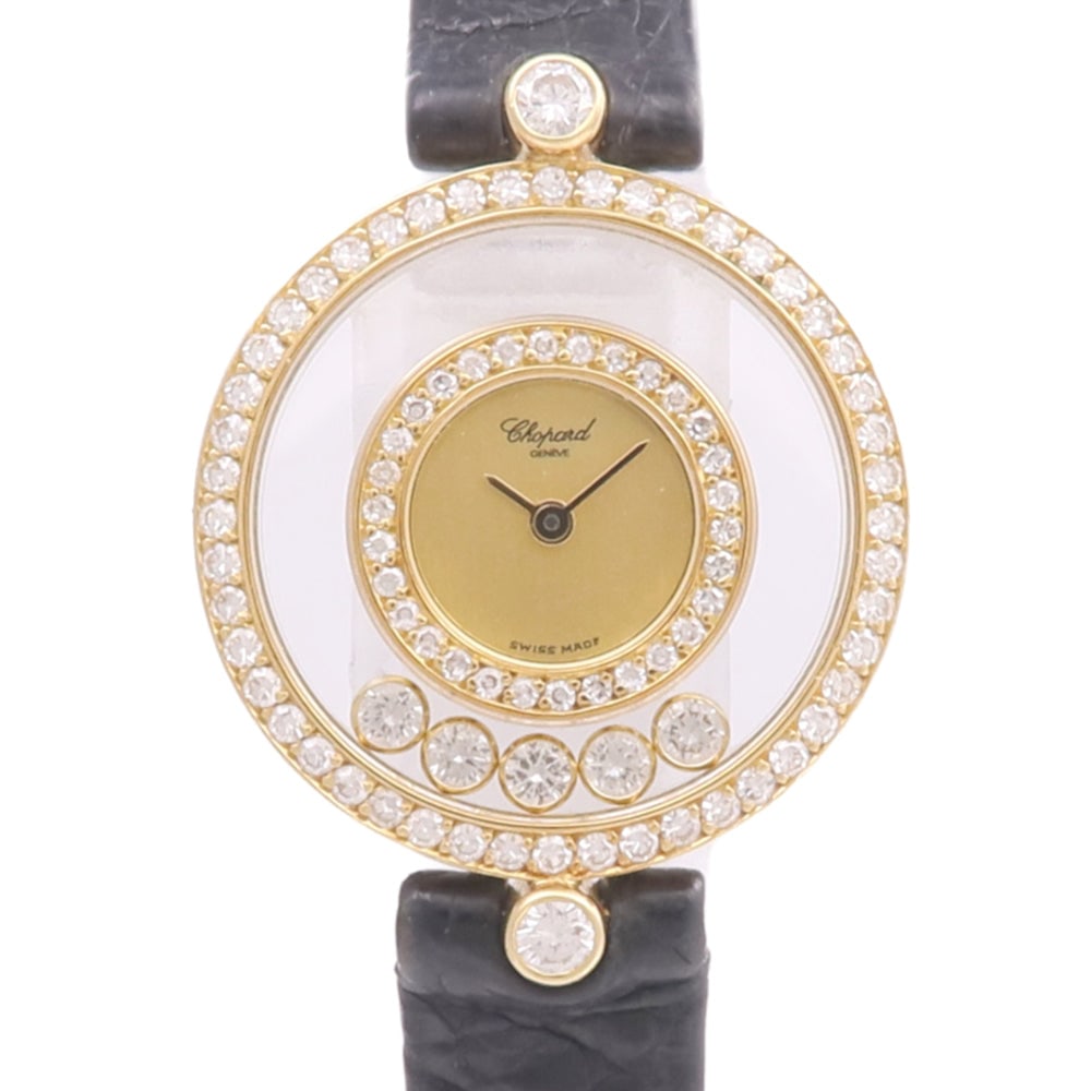 Chopard Happy Diamonds 20/3957 Quartz: Quartz Happy Diamonds 20/3957 in 18K yellow gold with diamond and leather belt. Case 24mm, max wrist 16cm, band 10mm.