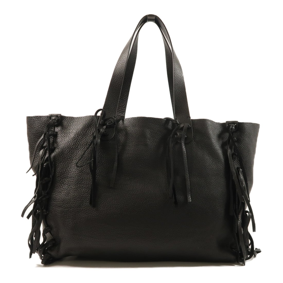 Valentino Rockee Fringe Tote Black: Rockee Fringe tote in black calfskin with gold-tone hardware. Includes storage bags. Size 38 x 27 x 17 cm. Handle 46 cm.
