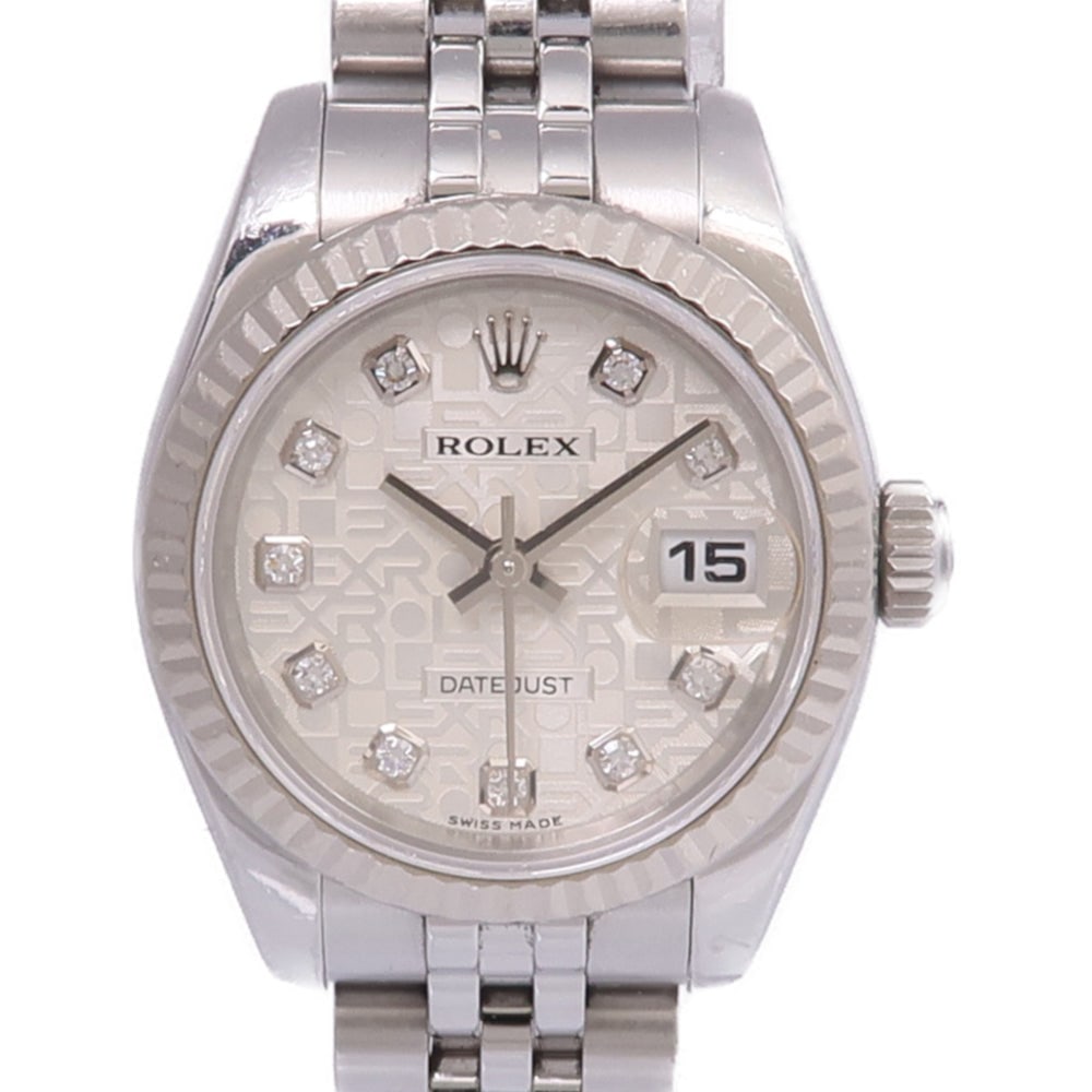 Rolex Lady-Datejust 179174G Auto: Silver automatic watch in stainless steel with diamond. Includes guarantee. 26mm case, max wrist 17cm.