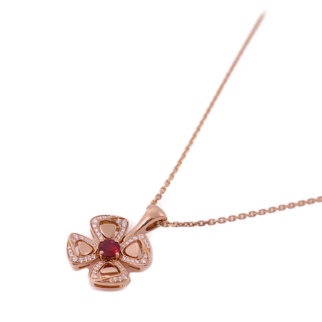 Bvlgari Fiorever 358428 Necklace: Fiorever necklace 358428 in 18K pink gold with diamond and ruby.