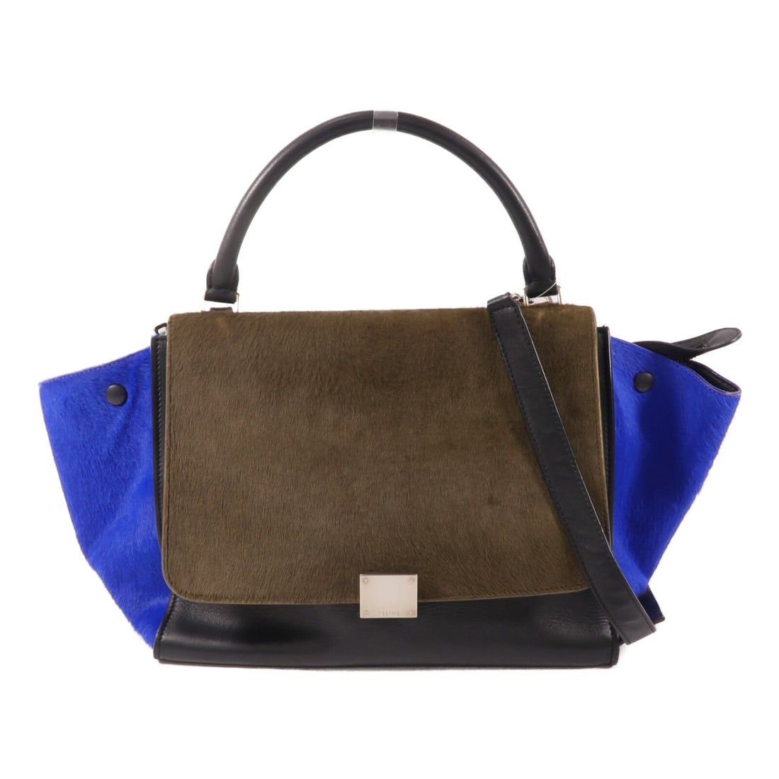 Celine Trapeze Black Blue Hair: Trapeze 2 way shoulder bag in black and blue calfskin with horse tail hair. Size 30 x 24 x 18 cm.