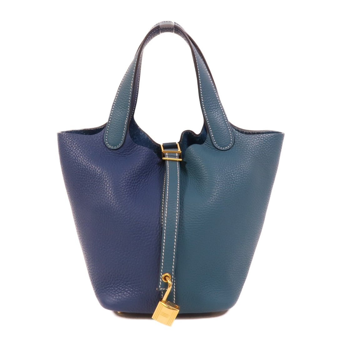 Hermes Picotin PM Vert Bosphore: Deep blue and Vert Bosphore Clemence leather tote with gold-tone hardware.