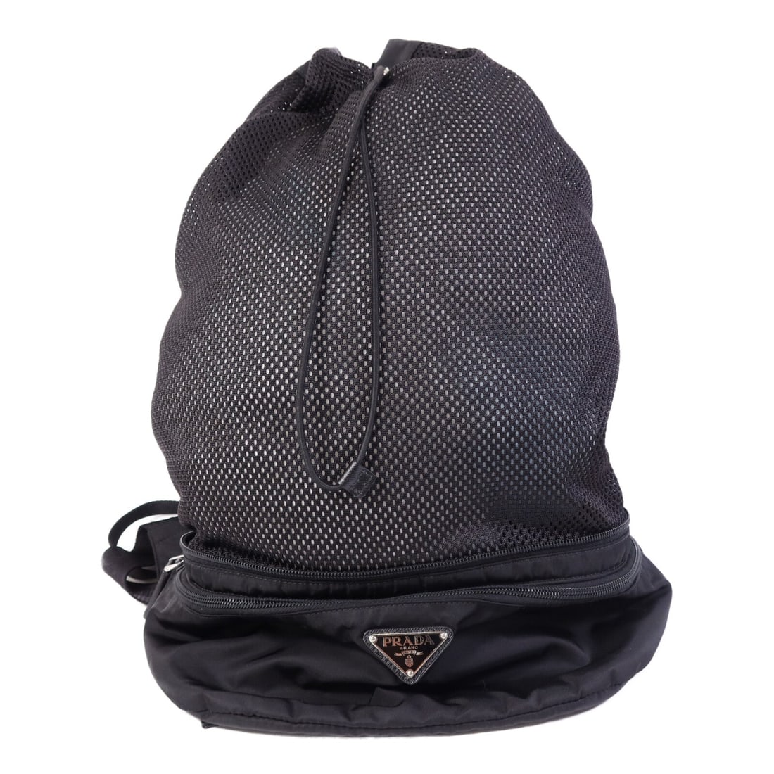 Prada Re-Nylon Backpack Black: Re-Nylon backpack in black with silver-tone hardware. Includes storage bags. Size 32 x 39 x 16 cm.
