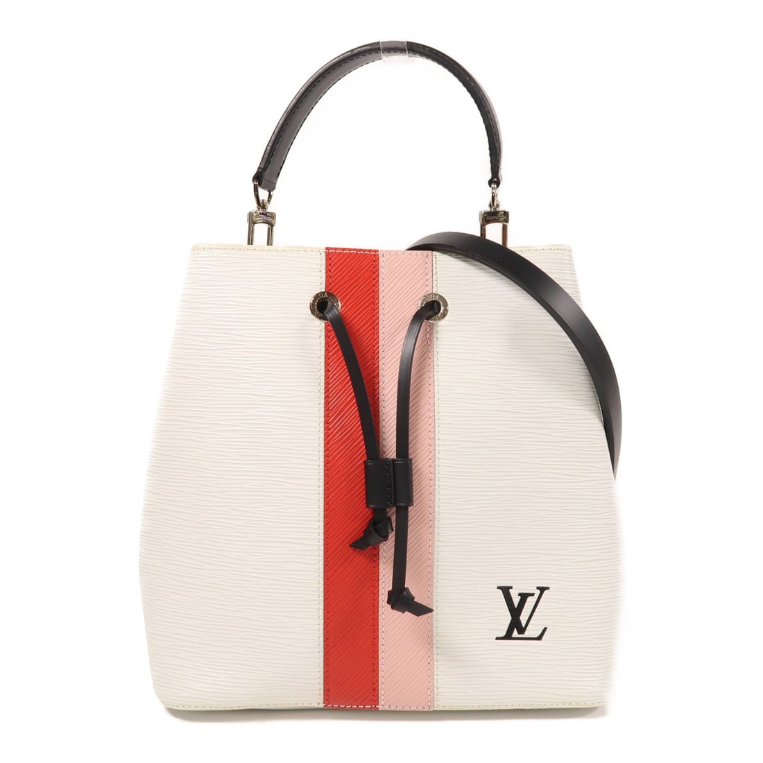 LV NeoNoe Epi White: NeoNoe 2 way shoulder bag in white Epi leather with silver hardware. Includes storage bags and shoulder strap. Size 25.5 x 25.5 x 17 cm.