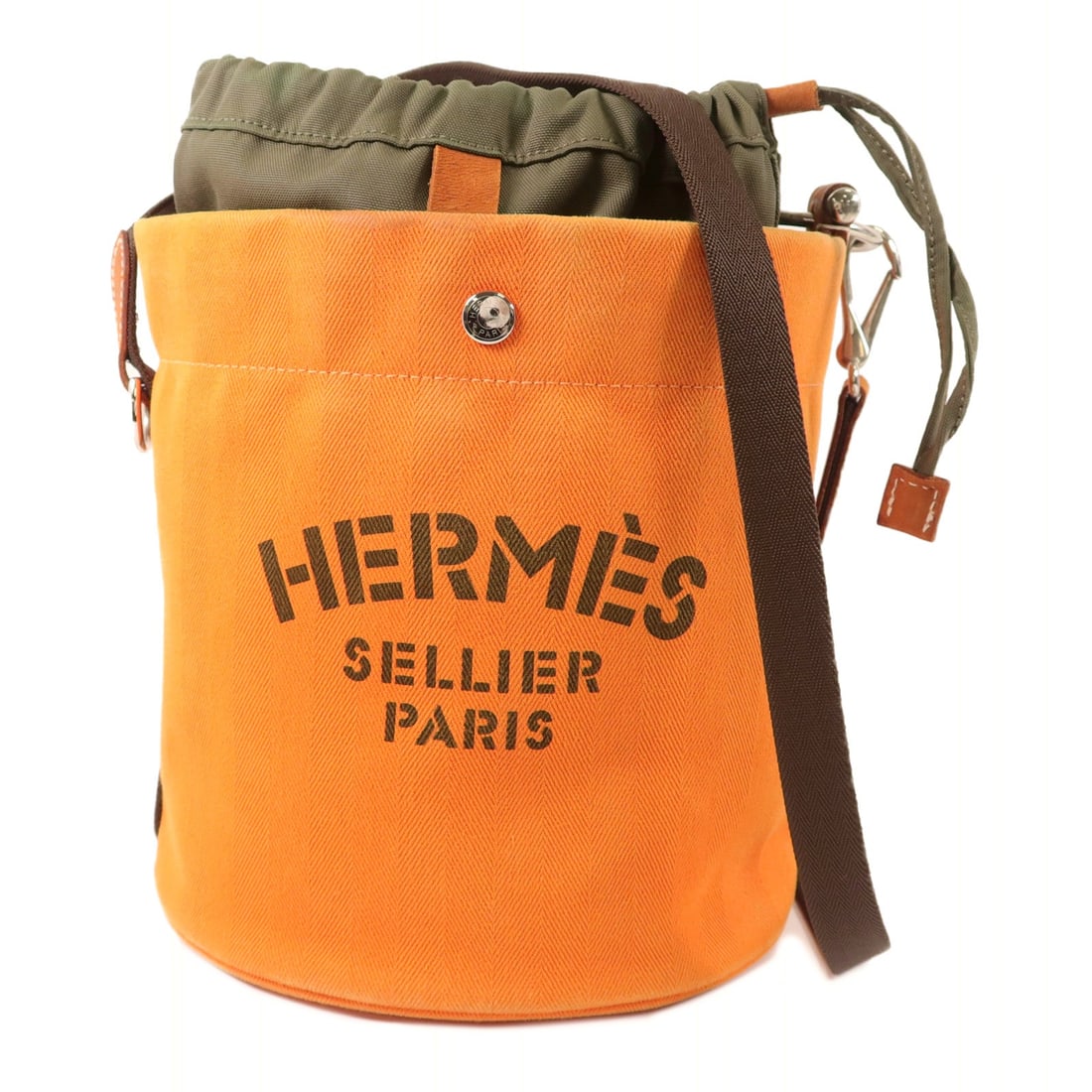 Hermes Sac De Pansage Orange: Sac De Pansage Grooming bucket shoulder bag in orange Towar canvas with palladium hardware. Includes pouch. Size 22 x 23 x 22 cm.