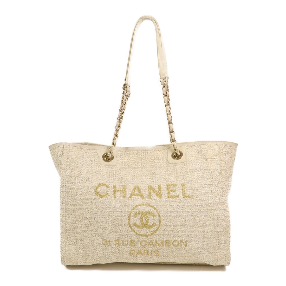 Chanel Deauville MM Tote: Beige and gold canvas tote bag.