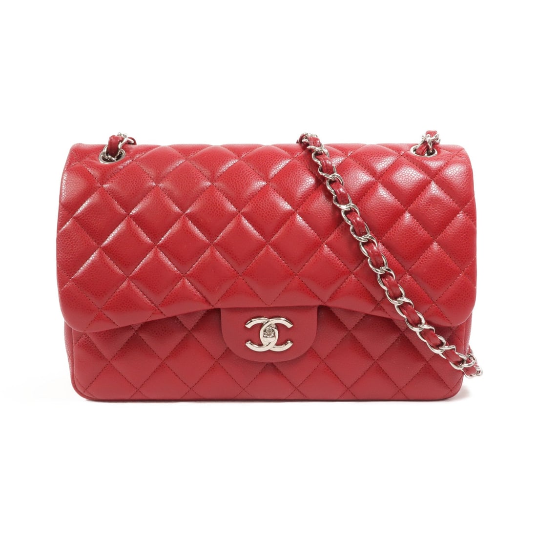 Chanel Large Classic Red: Red calfskin large classic chain shoulder bag with silver-tone hardware.