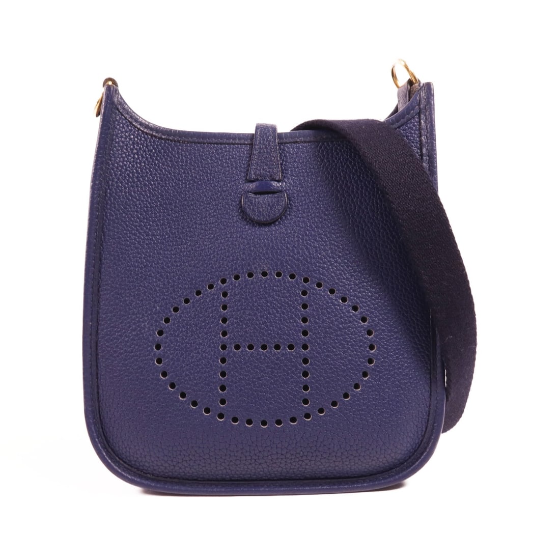 Hermes Evelyne TPM Bleu Saphir: Navy Clemence leather shoulder bag.