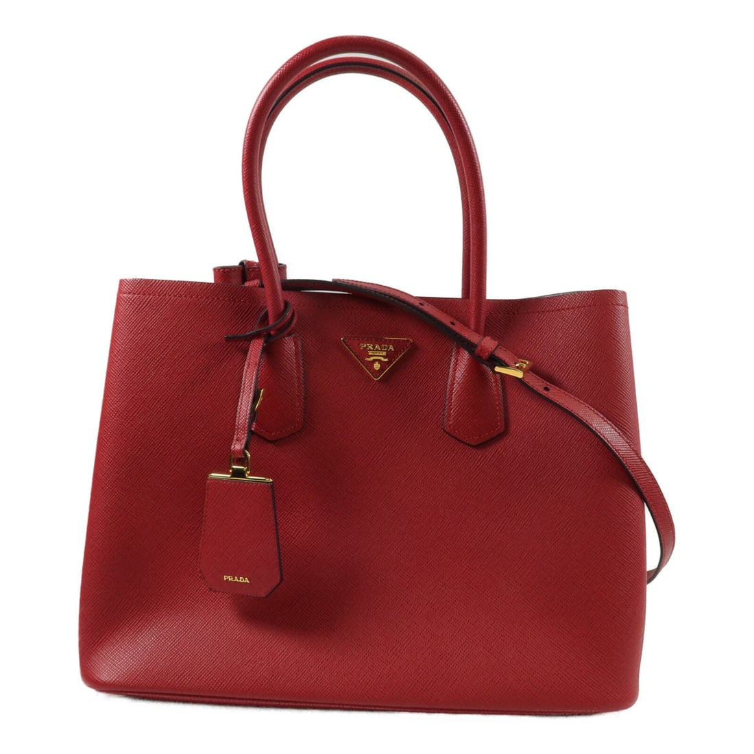 Prada 1BG756 2 Way Red: 2 way shoulder bag 1BG756 in red calfskin with gold-tone hardware. Includes storage bags, guarantee, shoulder strap, and name tag. Size 36 x 27 x 17 cm.