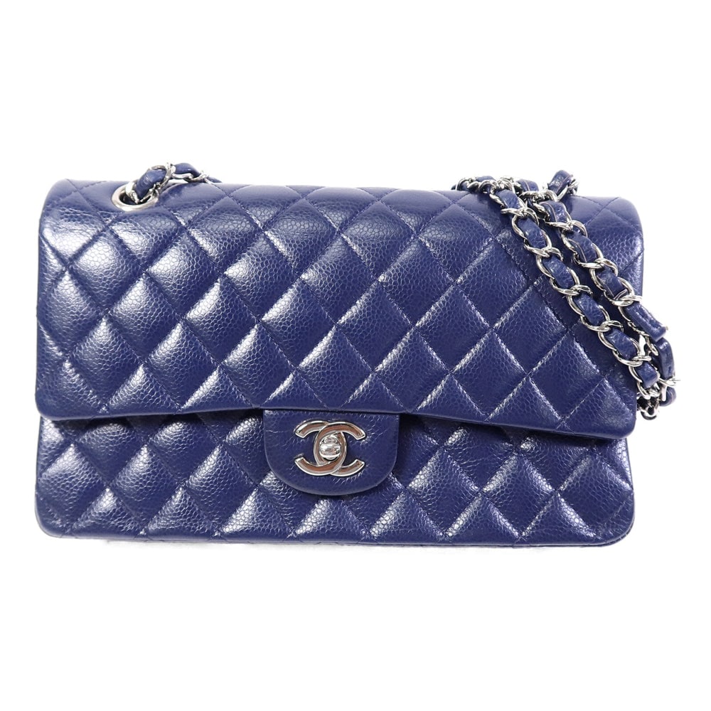 Chanel Classic 25 Blue: Blue calfskin Classic 25 chain shoulder bag with silver-tone hardware.