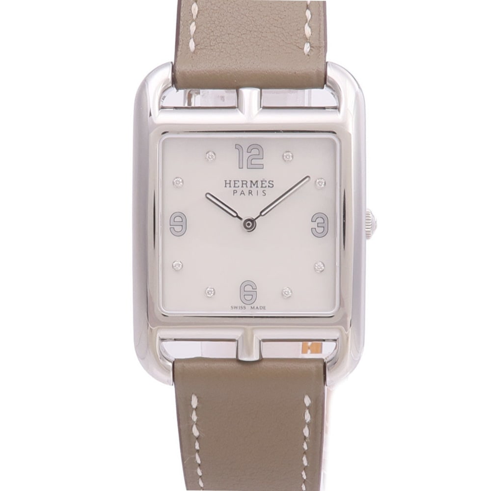 Hermes Cape Cod CC3.710 Diamond MOP: Cape Cod CC3.710 in stainless steel with leather belt, mother of pearl and diamond details. Case 41x28mm, wrist 13.5-16cm, band 15-18mm. Includes storage box and guarantee.