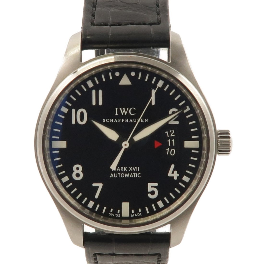 IWC Pilot Mark XVII IW326501 Black: Pilot Mark XVII IW326501 in stainless steel with crocodile leather and black dial. Case 41mm. Max wrist 20cm. Band width 18-20mm.