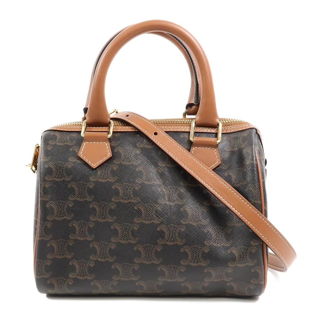 Celine Boston Small 2 Way Brown: Boston Small 2 way shoulder bag in brown coated canvas with gold hardware. Includes storage bags and shoulder strap. Size 20 x 14 x 10 cm.