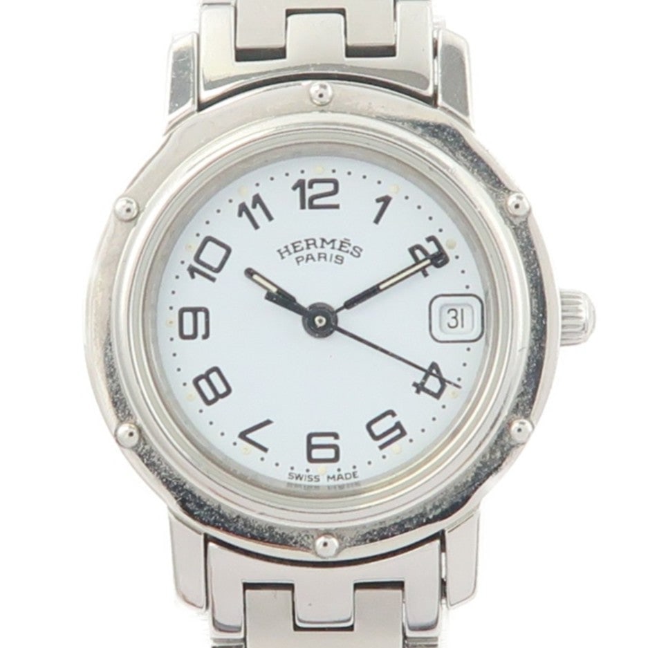 Hermes Clipper CL4.210 Quartz White: Quartz Clipper CL4.210 in stainless steel with white dial. Case 24mm, max wrist 14cm, band 12mm.