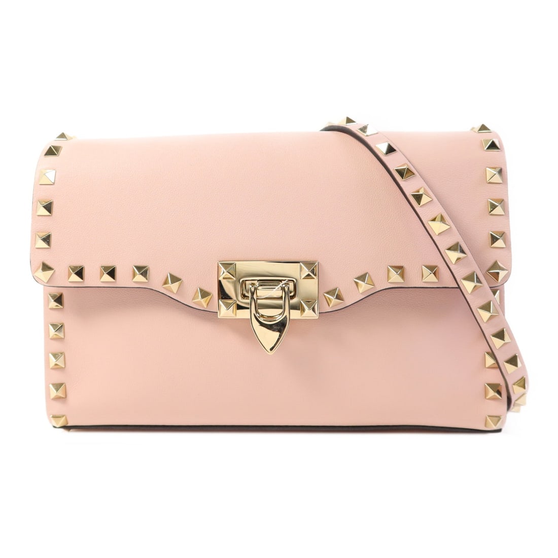 Valentino Rockstud Flap Shoulder Pink: Garavani Rockstud flap shoulder bag in pink calfskin. Size 23 x 15 x 6 cm. Strap 114 to 124 cm.