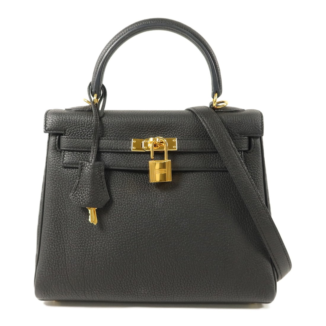 Hermes Kelly 25 Noir: Noir Togo leather 2-way shoulder bag with gold-tone hardware.