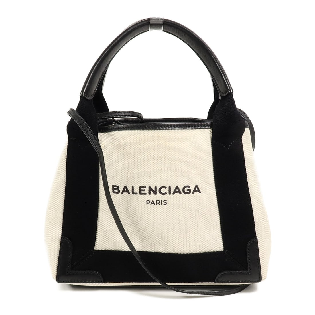 Balenciaga Cabas XS Beige Black: Cabas XS shoulder bag 390346 in beige and black canvas. Includes pouch. Size 25 x 19 x 6.5 cm.