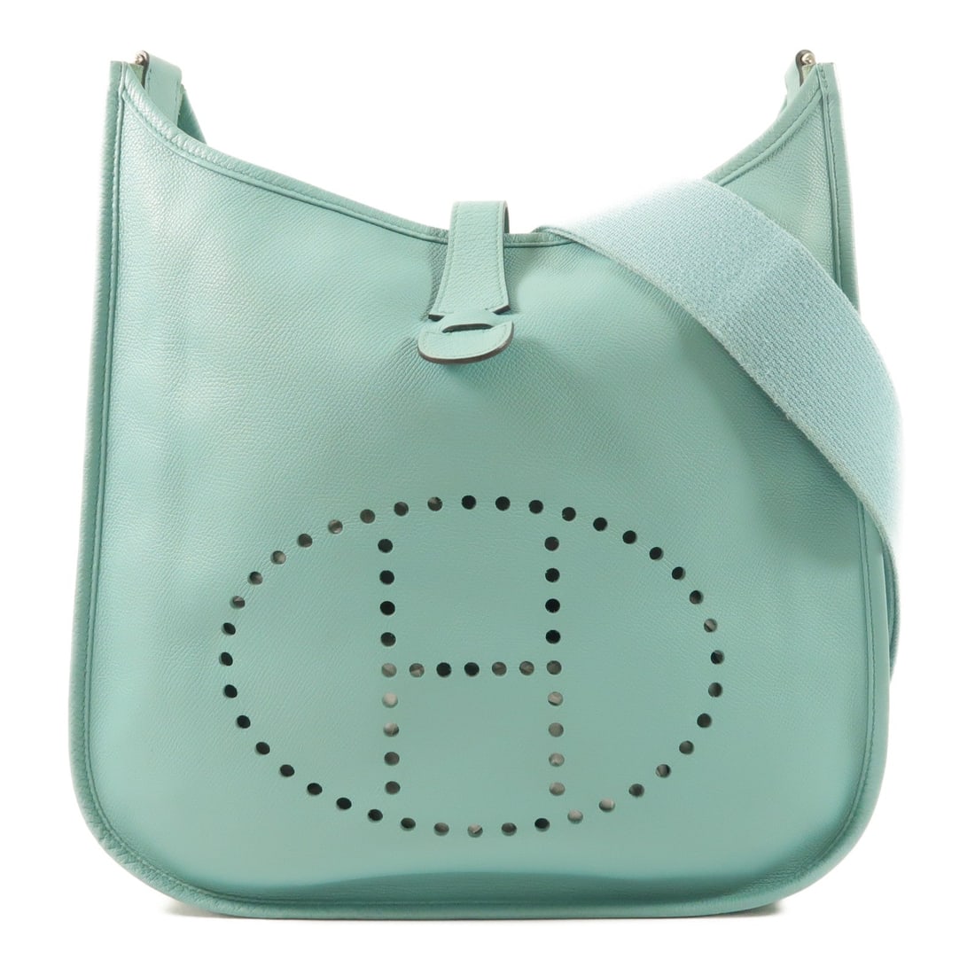 Hermes Evelyne GM Bleu Atoll: Bleu Atoll Epsom leather shoulder bag with palladium-tone hardware and strap.