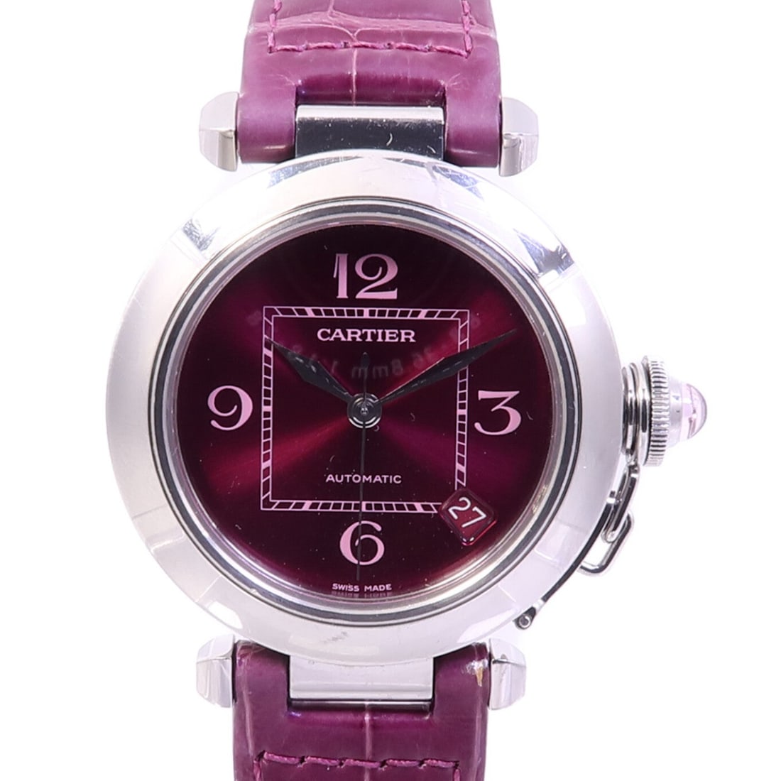 Cartier Pasha C W3108299 Auto Purple: Automatic Pasha C W3108299 in stainless steel with purple dial. Case 35mm, max wrist 14cm, band 15-18mm.
