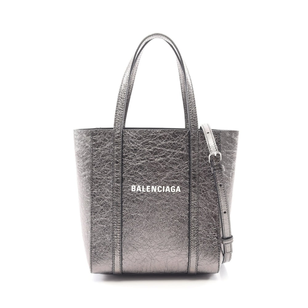 Balenciaga Everyday XXS Silver: Everyday XXS 2 way tote in silver leather. Size 19 x 22 x 9 cm.