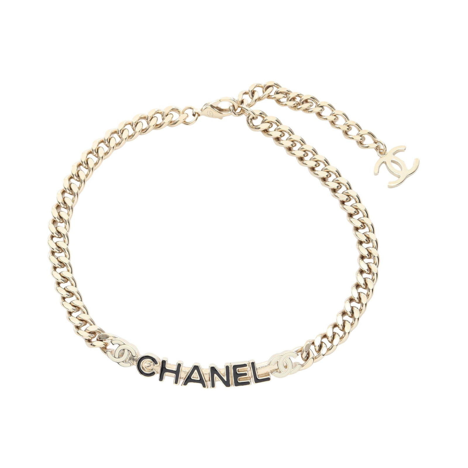 Chanel Coco Mark Logo Choker: Coco Mark logo choker in gold black and off white tone.