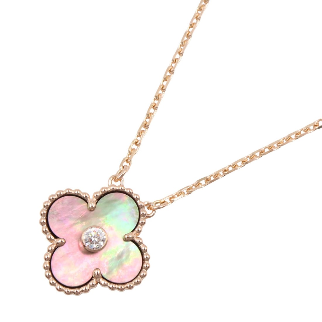 VCA Vintage Alhambra Grey MOP 1PD: Vintage Alhambra necklace in K18 pink gold with grey mother of pearl and 1 diamond.