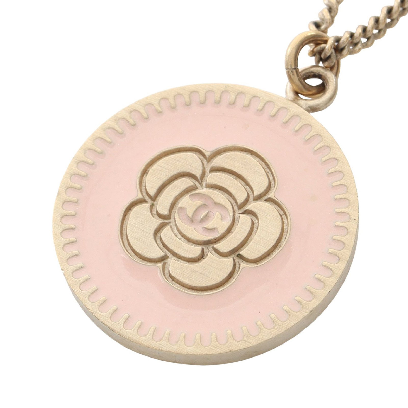 Chanel Camellia Circle Necklace Pink: Camellia Coco Mark circle necklace in pink tone.