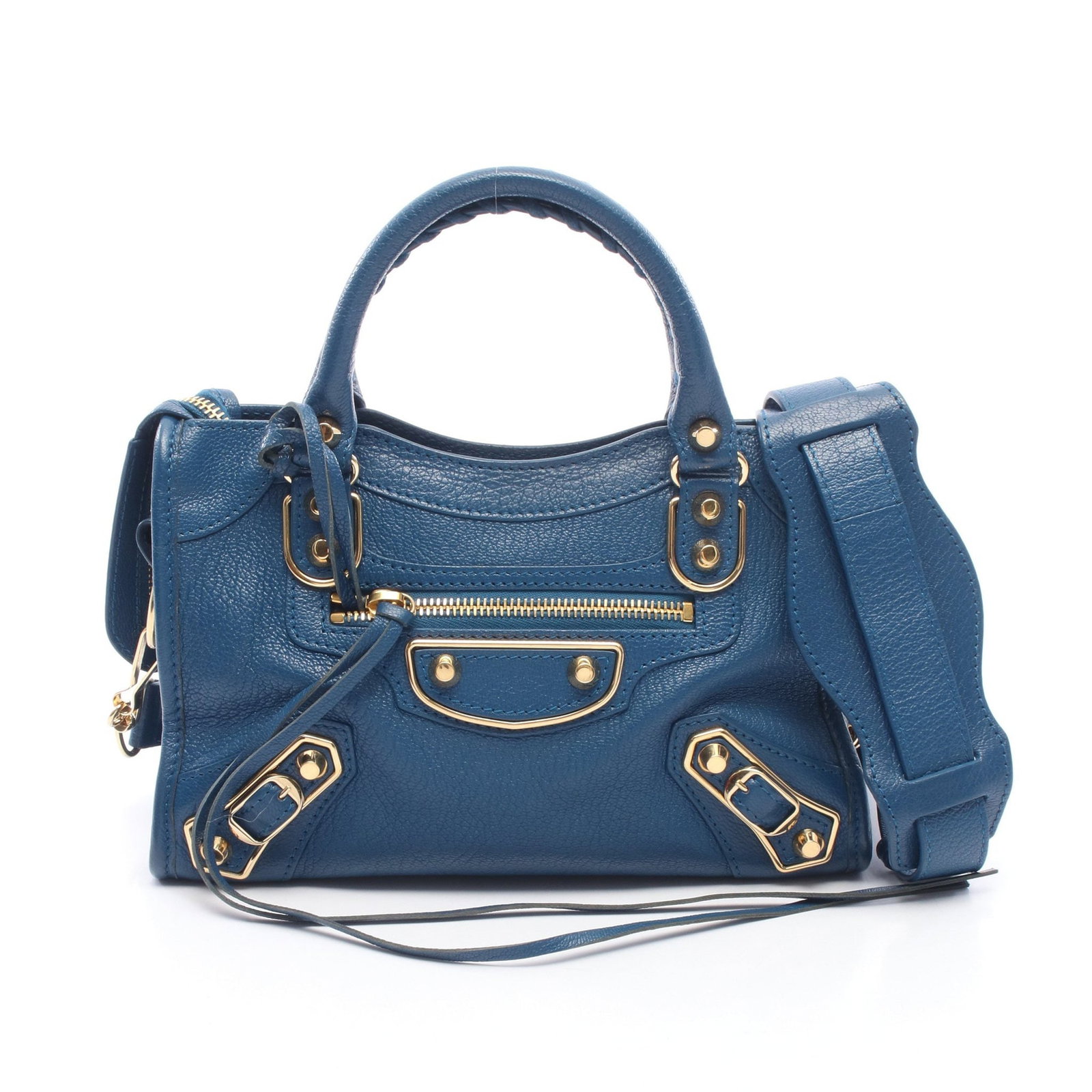 Balenciaga Mini City Blue: Classic Metallic Edge Mini City 2 way handbag in blue leather. Includes shoulder strap and mirror. Size 24 x 16 x 8 cm.