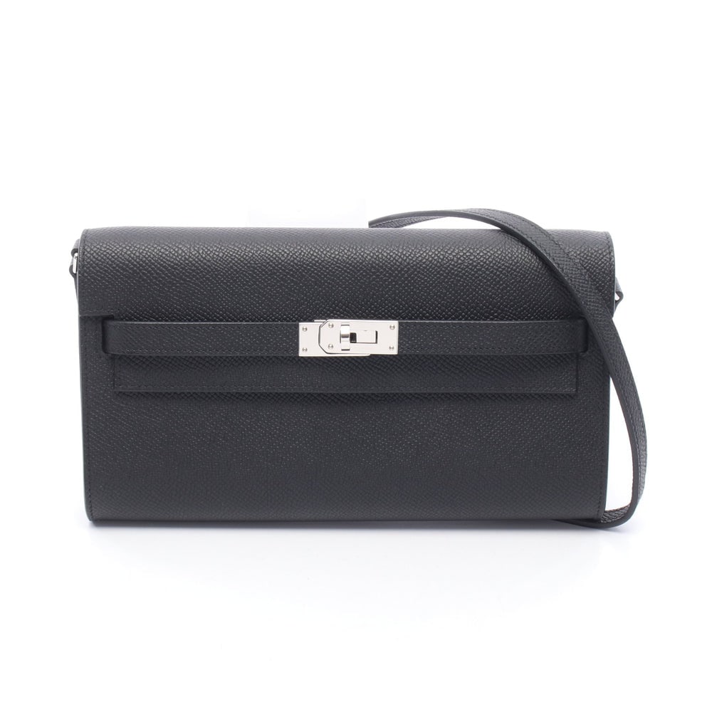 Hermes Kelly To Go Black: Black Veau Epsom shoulder wallet with silver-tone hardware.