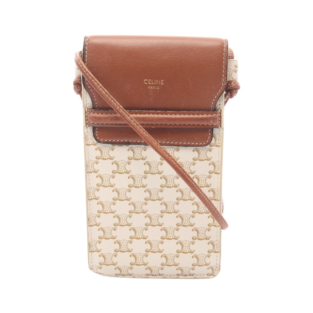 Celine Triomphe Phone Pouch Ivory Brown: Triomphe phone folder shoulder bag in ivory and brown PVC and leather. Size 10 x 18 x 0.5 cm. Strap 130 cm.