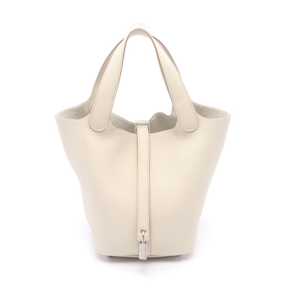 Hermes Picotan Lock PM Betton: Ivory Clemence leather handbag with silver-tone hardware.
