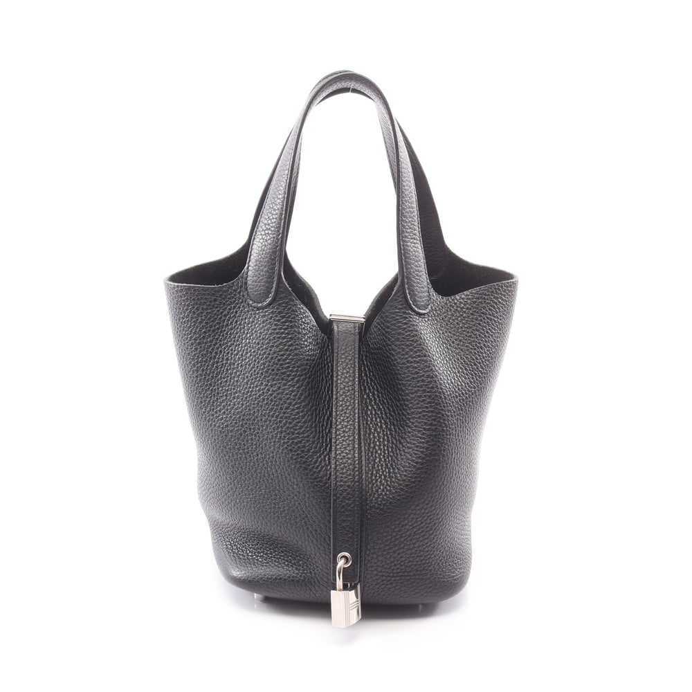 Hermes Picotan Lock PM Black SHW: Black Clemence leather handbag with silver-tone hardware.