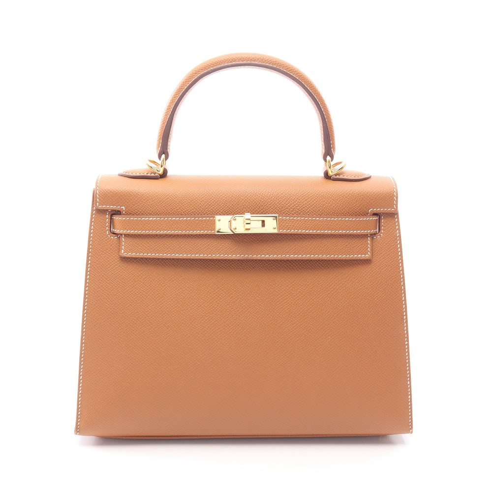 Hermes Kelly 25 Gold: Brown Veau Epsom outside sewing 2-way handbag with gold-tone hardware.