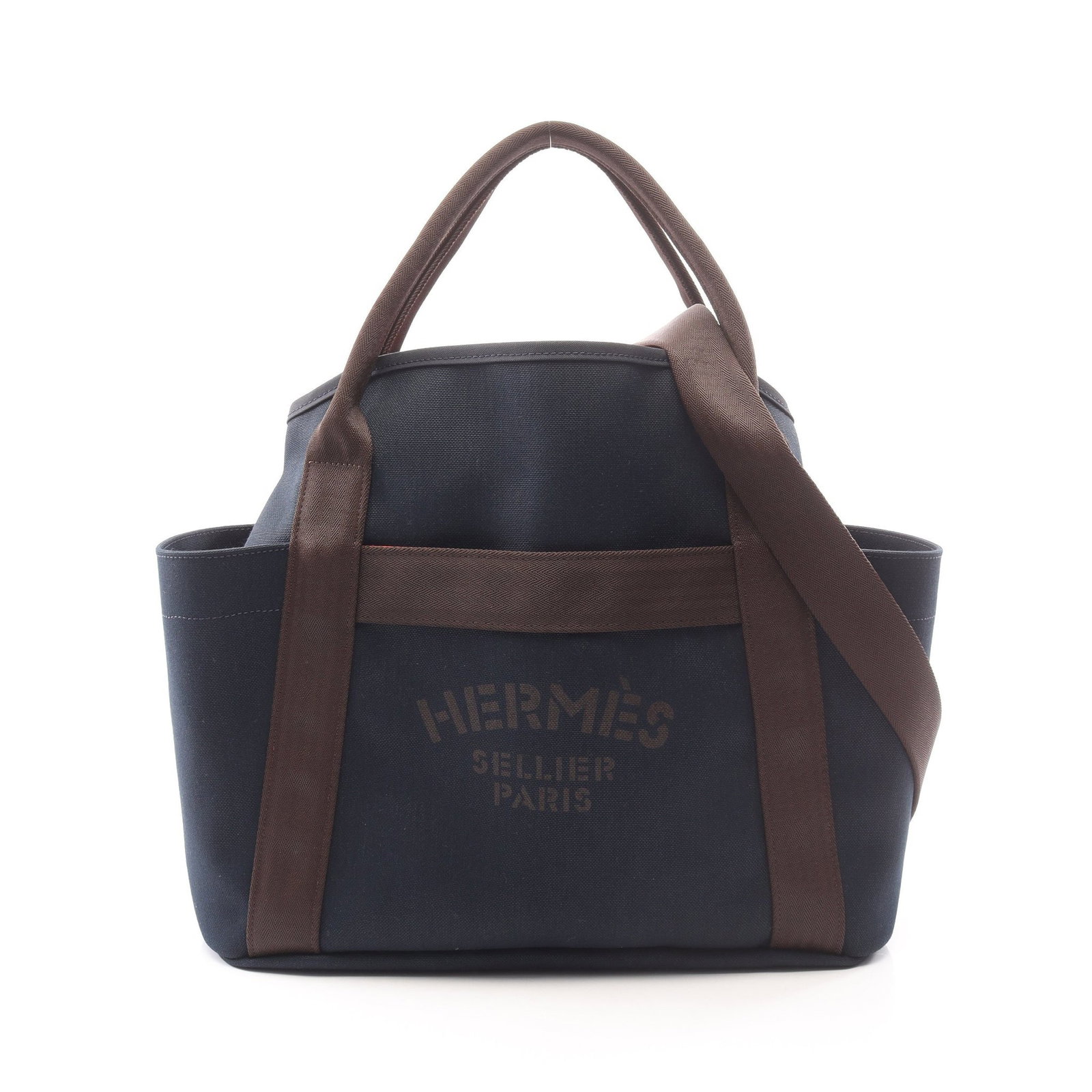 Hermes Sac de Pansage Groom: Navy and dark brown 2 way tote bag.