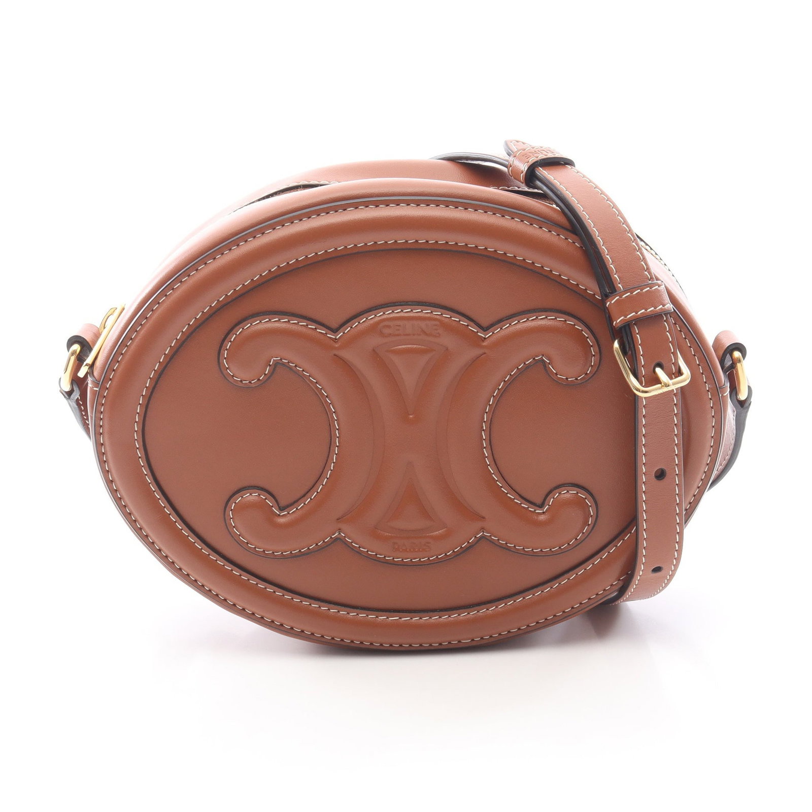 Celine Oval Shoulder Brown: Cuill Triomphe oval shoulder bag in brown leather. Size 20 x 15 x 6 cm.