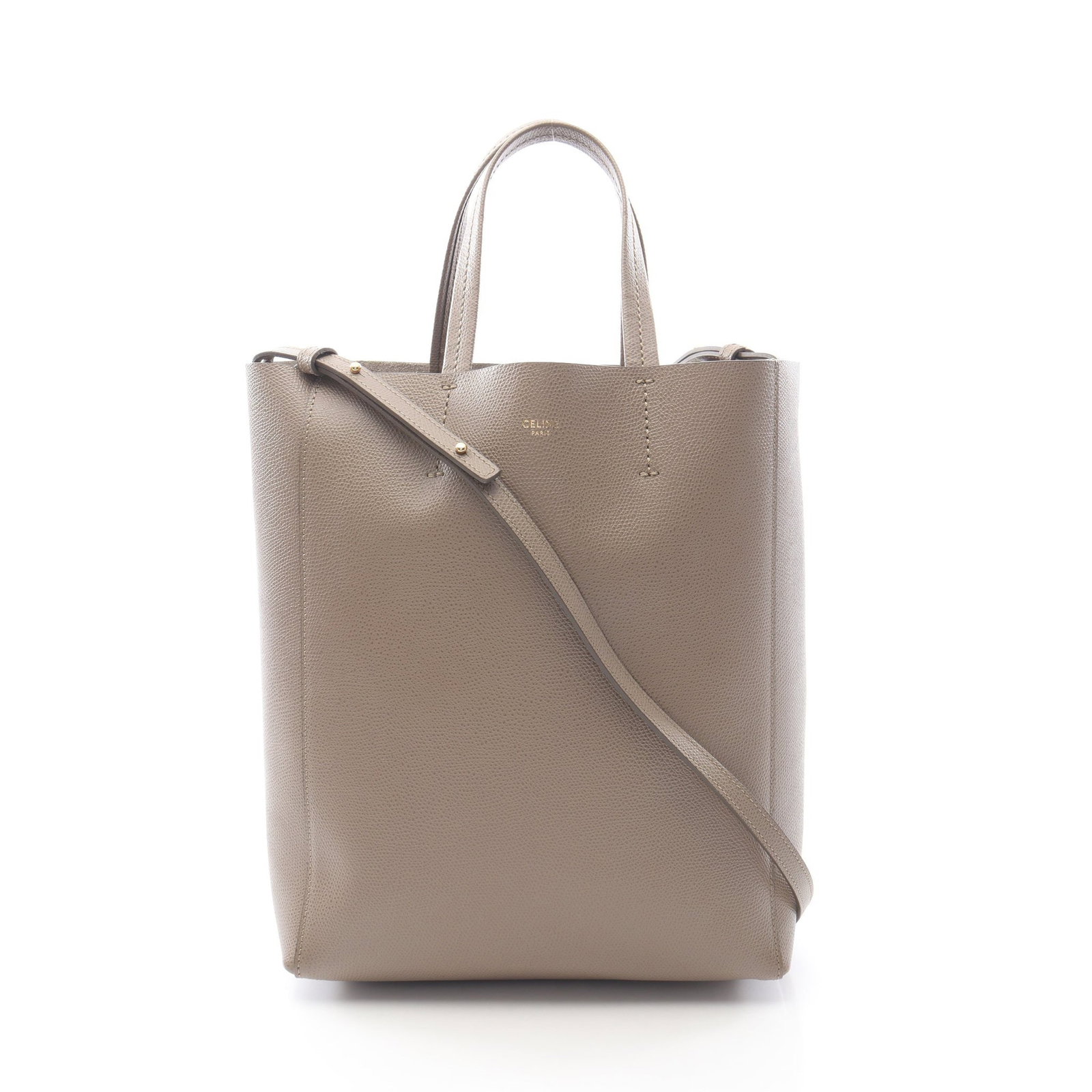 Celine Vertical Small Cabas Gray: Vertical Small Cabas 2 way tote in gray beige leather. Includes shoulder strap. Size 23 x 28 x 10 cm.