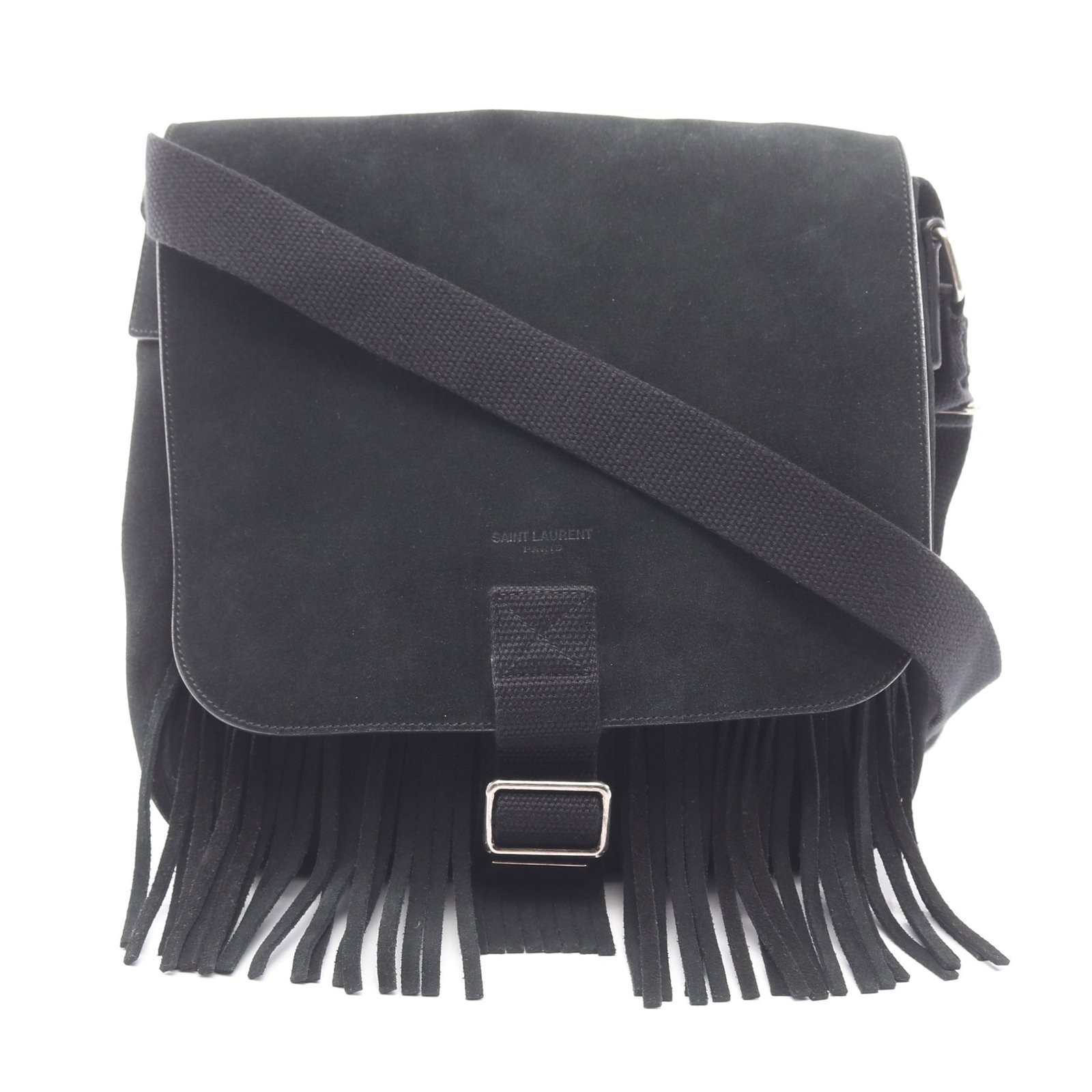 Saint Laurent Fringe Shoulder Black: Fringe shoulder bag in black suede. Size 23.5 x 24 x 5 cm.