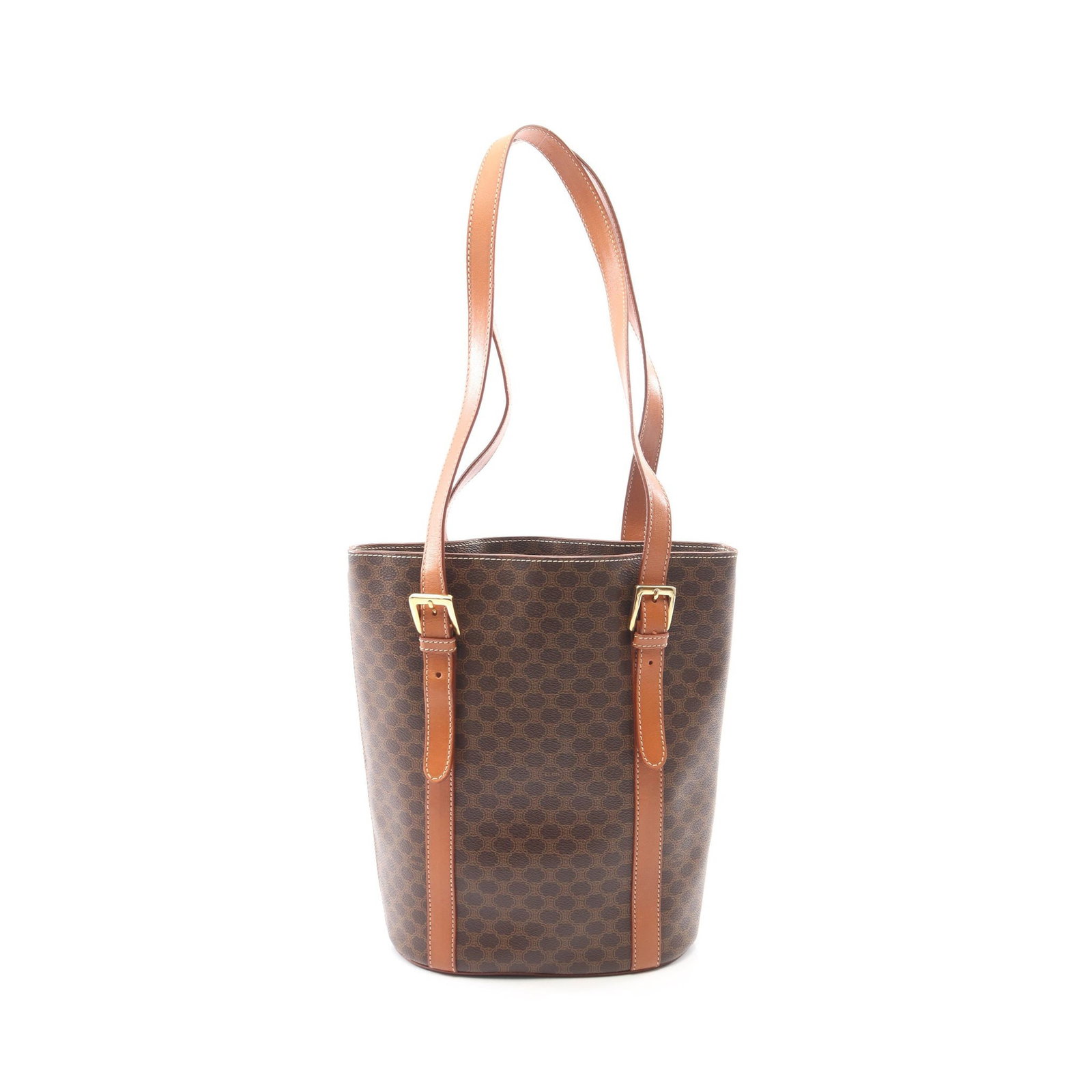 Celine Macadam Shoulder Tote Brown: Macadam shoulder tote in dark brown PVC and leather. Size 21 x 27 x 12 cm. Strap 74 to 82 cm.