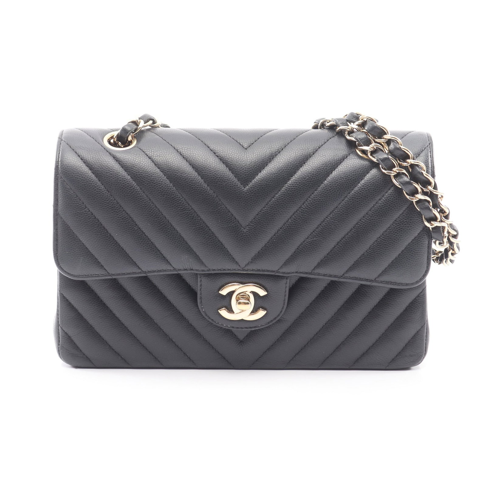 Chanel Chevron Double Flap Black: Black caviar skin chevron double flap chain shoulder bag with gold-tone hardware.