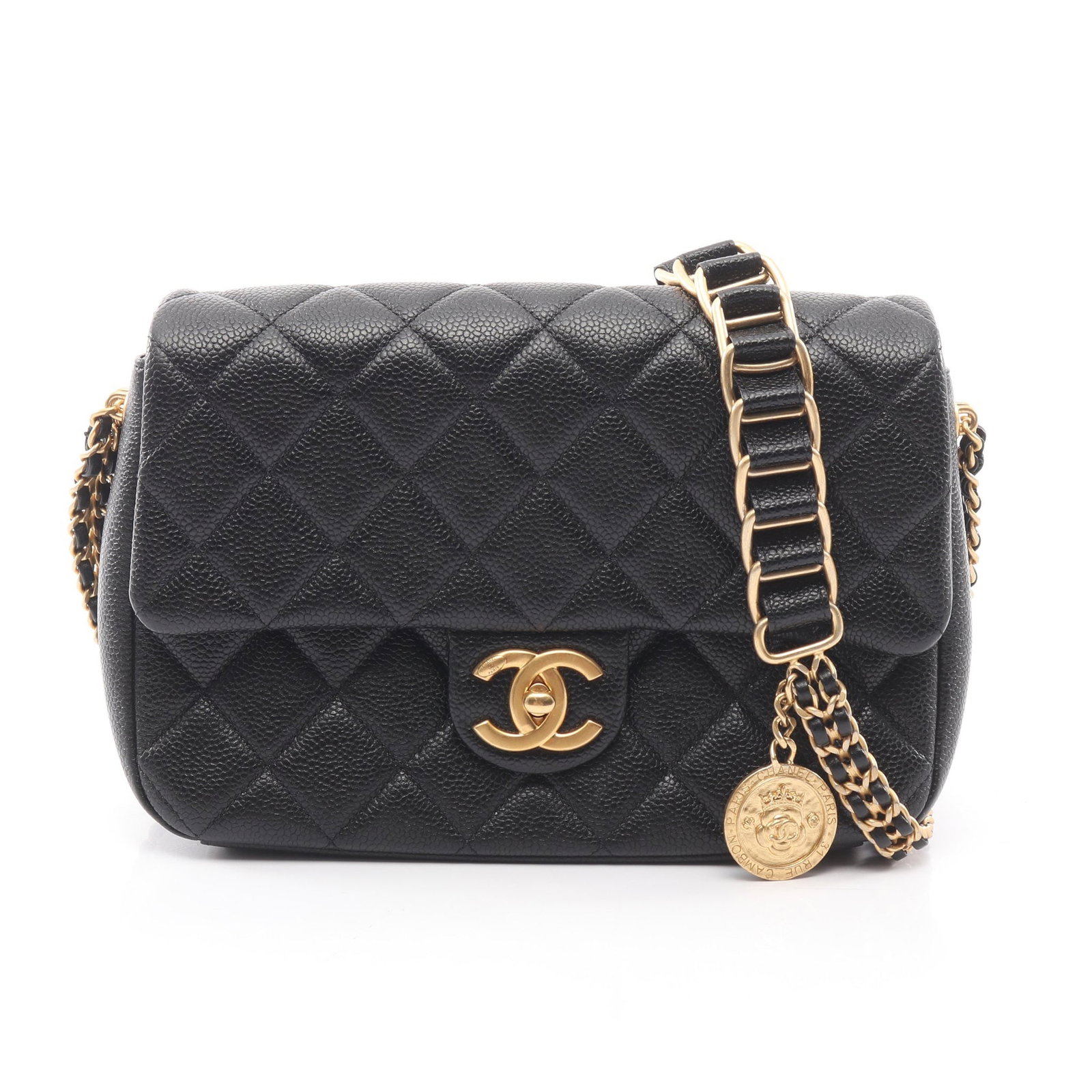 Chanel Camellia Chain Bag Black: Black caviar skin Camellia chain shoulder bag with gold-tone hardware.