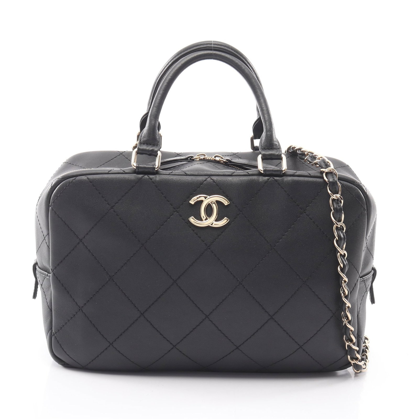 Chanel 2-Way Handbag Black: Black leather 2-way handbag with gold-tone hardware.