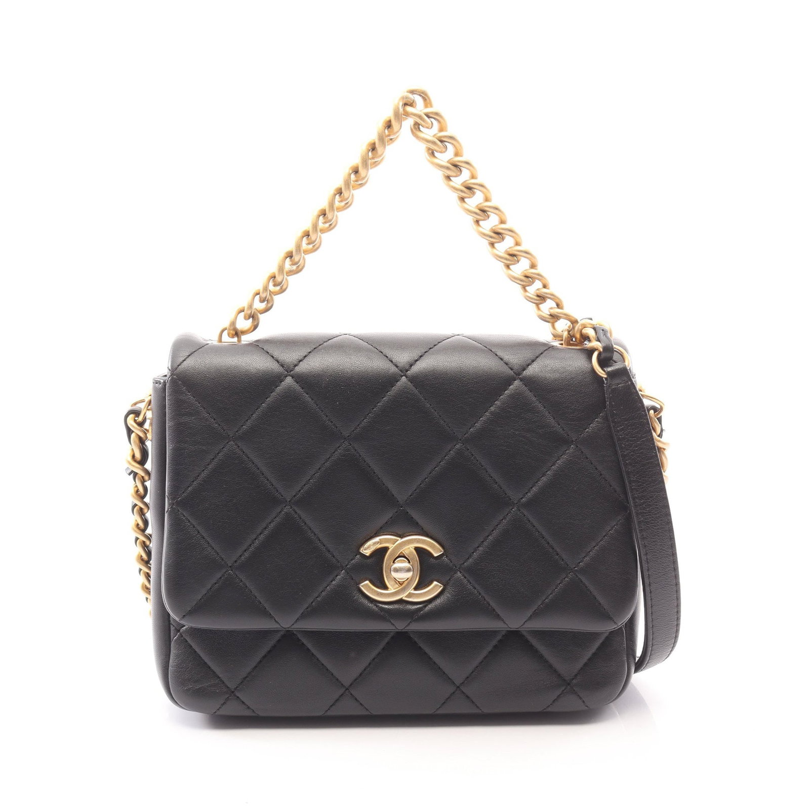 Chanel 2-Way Chain Bag Black: Black lambskin 2-way chain shoulder bag with top handle.
