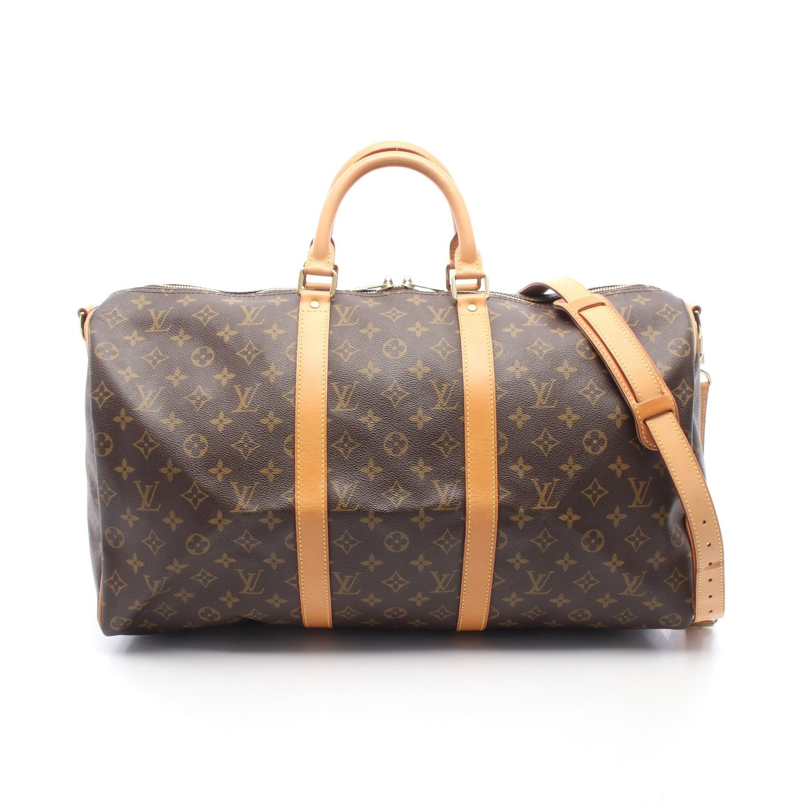 LV Keepall Bandouliere 50: Monogram 2 way Boston bag in brown PVC and leather. Includes shoulder strap. Size 50 x 30 x 22 cm.