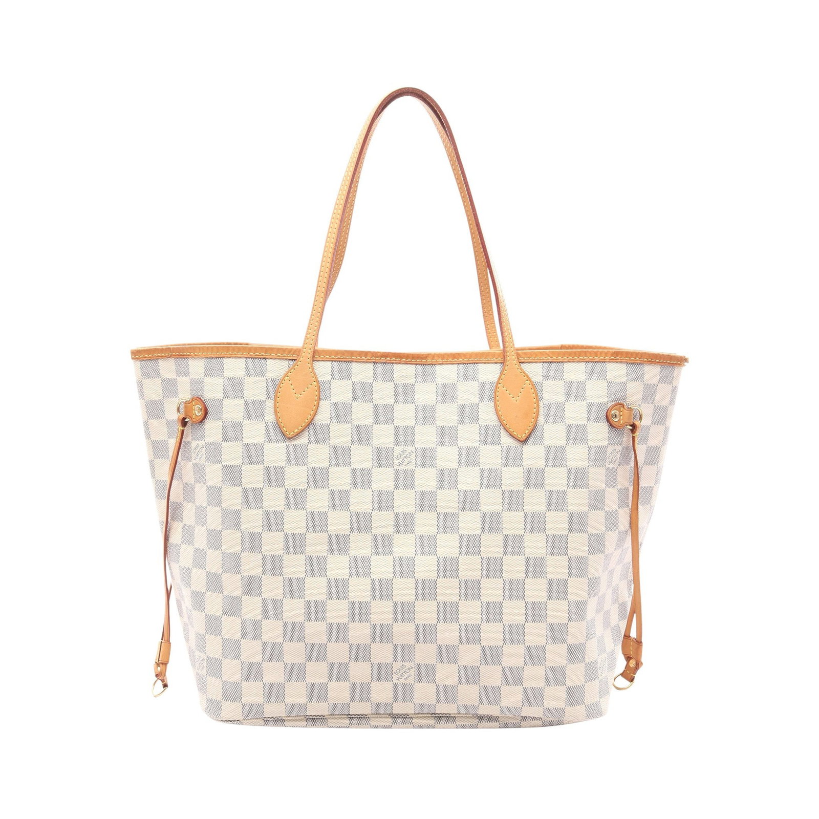 LV Neverfull MM Damier Azur: Damier Azur shoulder tote in white PVC and leather. Size 46 x 29 x 15 cm. Strap 51 cm.
