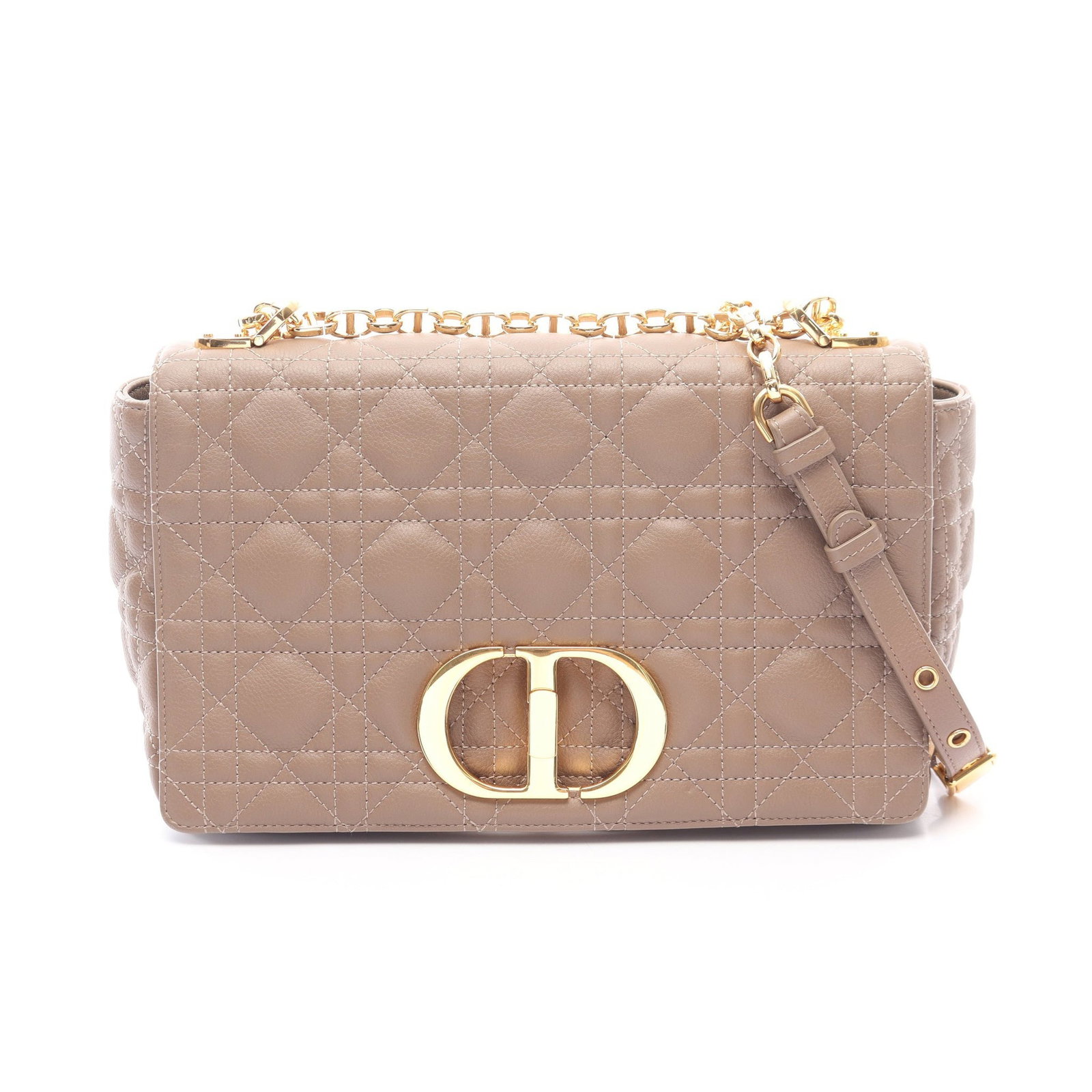 Dior Caro Medium Chain Bag: Gray brown leather chain shoulder bag.
