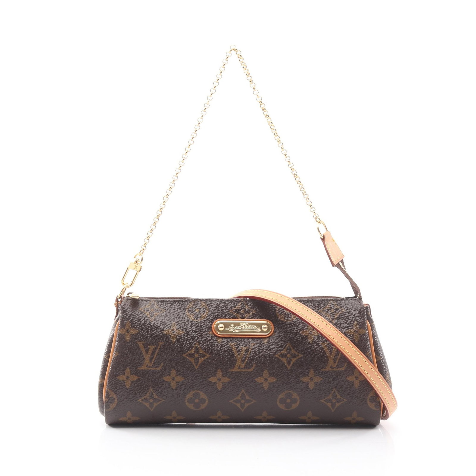 LV Eva Monogram 2 Way Chain: Eva 2 way chain shoulder bag in brown Monogram canvas. Includes shoulder strap. Size 25 x 12 x 4 cm.