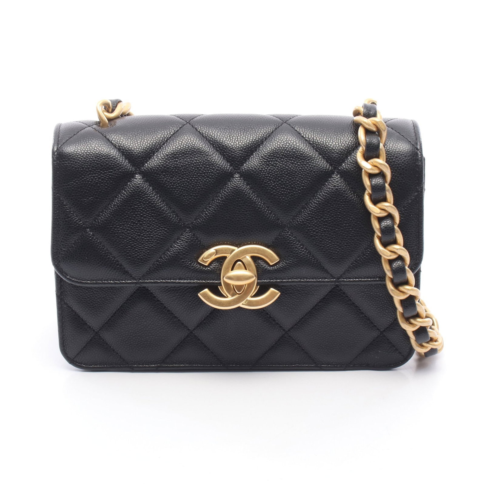 Chanel Small Flap Bag Black: Black caviar skin small flap chain shoulder bag with gold-tone hardware.