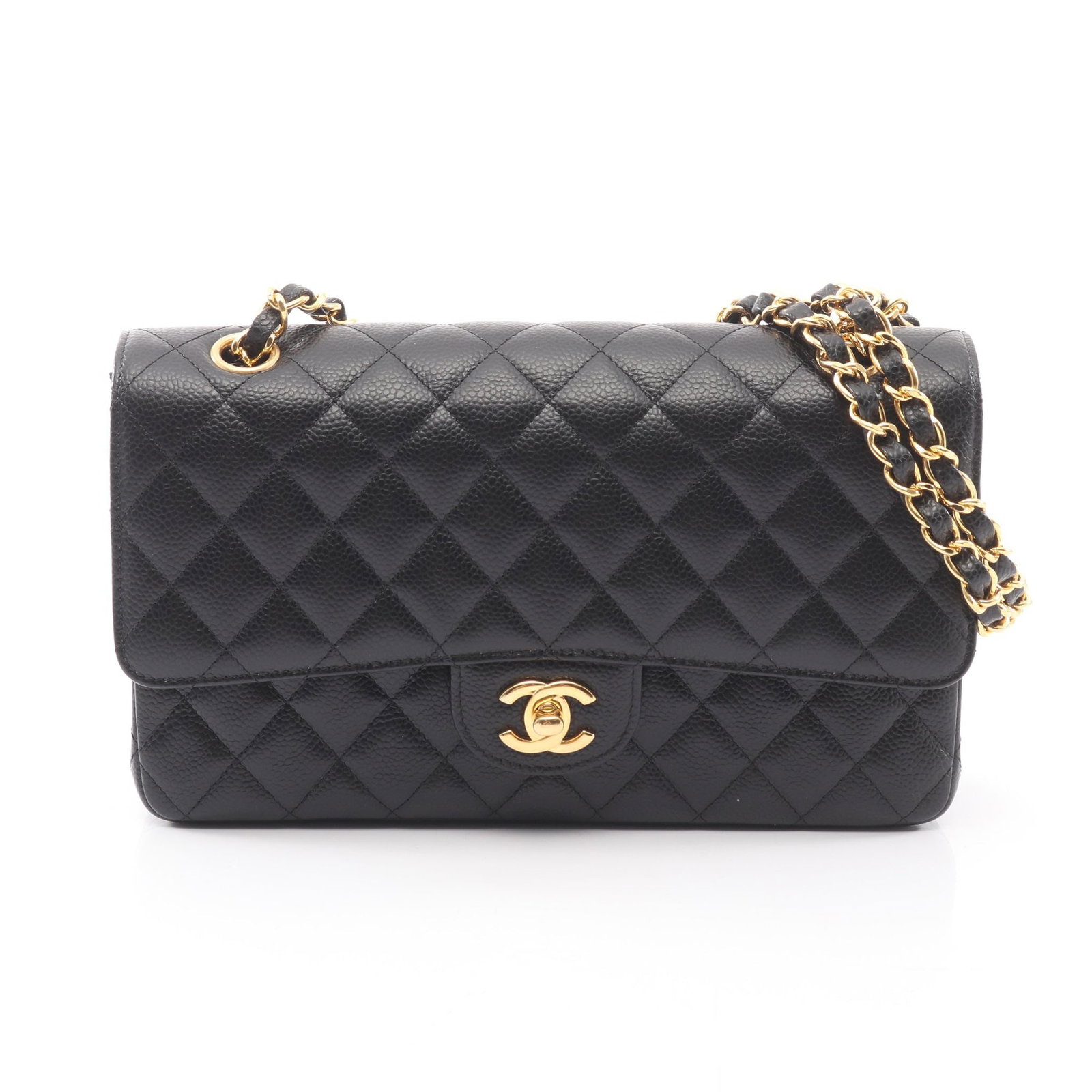 Chanel Double Flap Black Caviar: Black caviar skin double flap chain shoulder bag with gold-tone hardware.