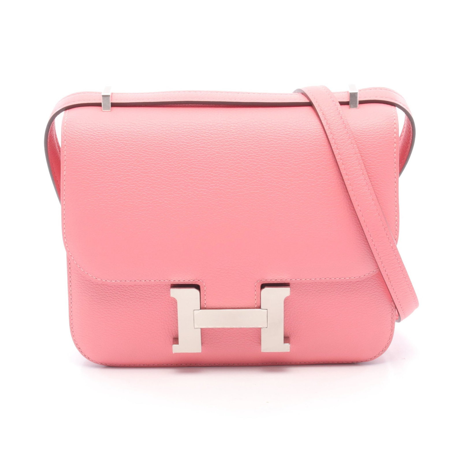 Hermes Constance Mini Rose Ete: Pink Evercolor mini shoulder bag with silver-tone hardware.