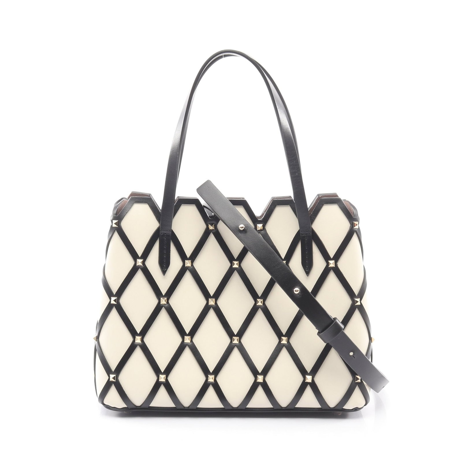 Valentino Rockstud 2 Way White: Rockstud 2 way handbag in white and black leather. Includes shoulder strap. Size 23 x 18 x 11 cm.